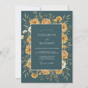 Convite Casamento Outonal Floral Dourado Turquesa