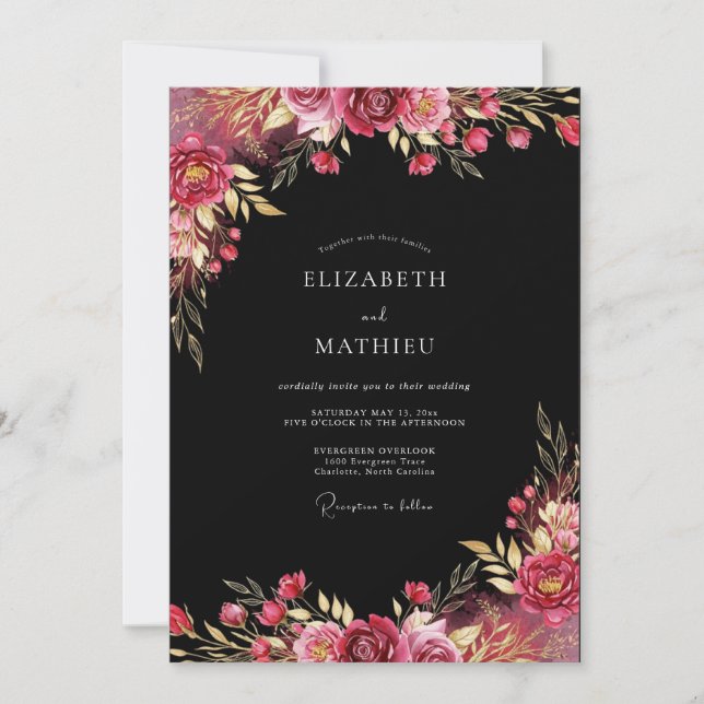 Convite Casamento Outonal Floral Pintura Borgonha (Frente)