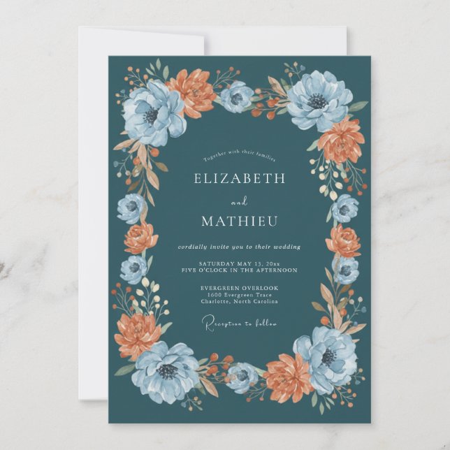 Convite Casamento Outonal Floral Turquesa (Frente)