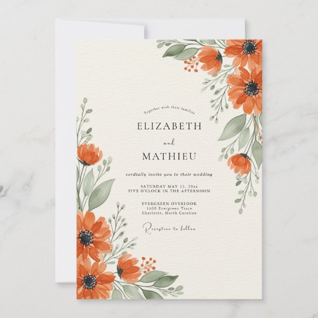 Convite Casamento Outonal Florido de Laranja (Frente)