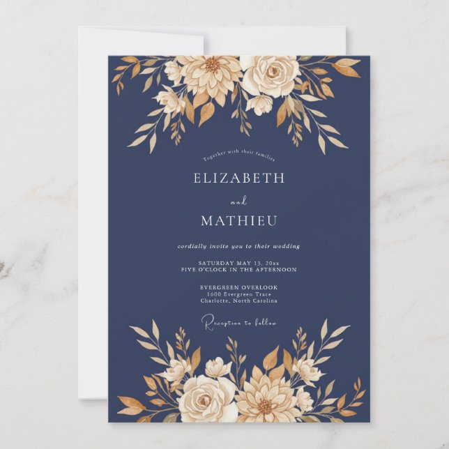 Convite Casamento Outonal Luxuoso Azul Naval (Frente)