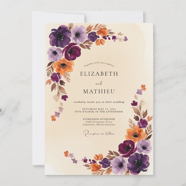 Convite Casamento Outonal Majestoso com Ameixas (Frente)