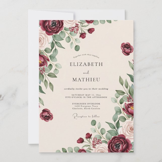 Convite Casamento Outonal Opulento Borgonha (Frente)