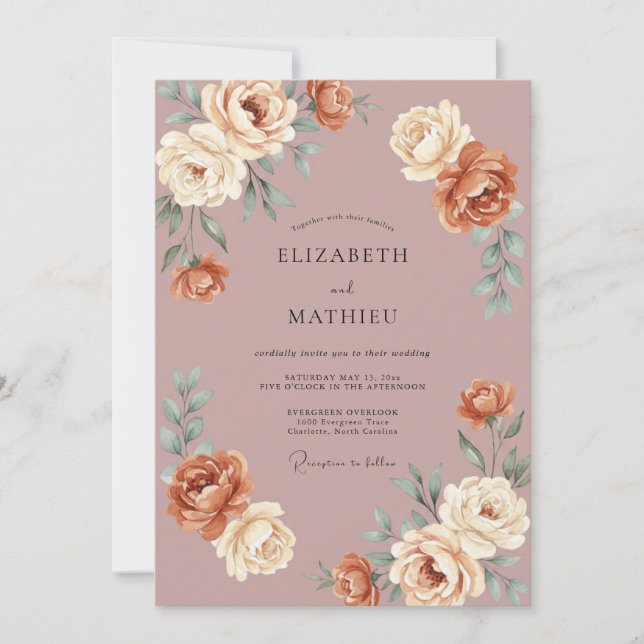 Convite Casamento Outonal Opulento Rosa Empoeirado (Frente)