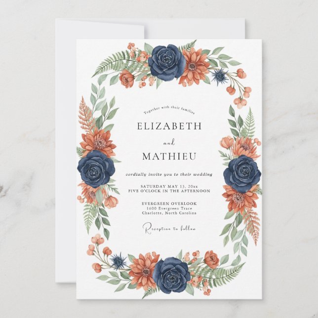 Convite Casamento Outonal Ousado em Tons de Azul Marinho (Frente)