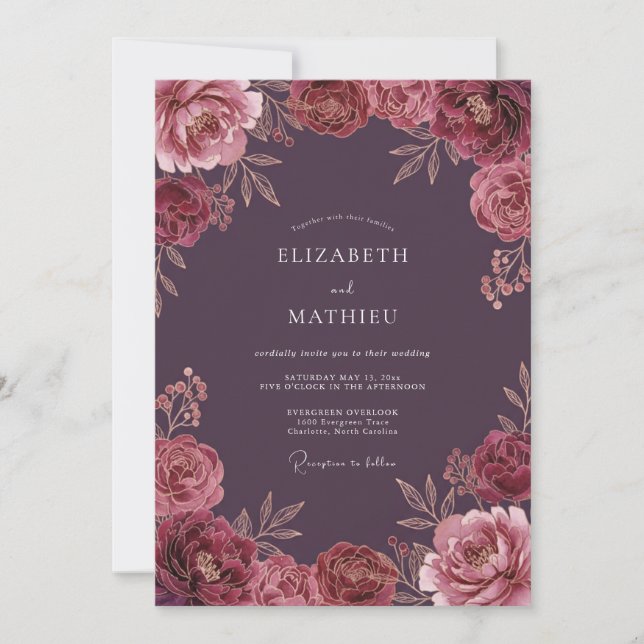 Convite Casamento Outonal Profundo e Elegante em Plum (Frente)