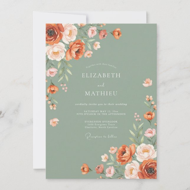 Convite Casamento Outonal Rústico em Verde Oliva (Frente)