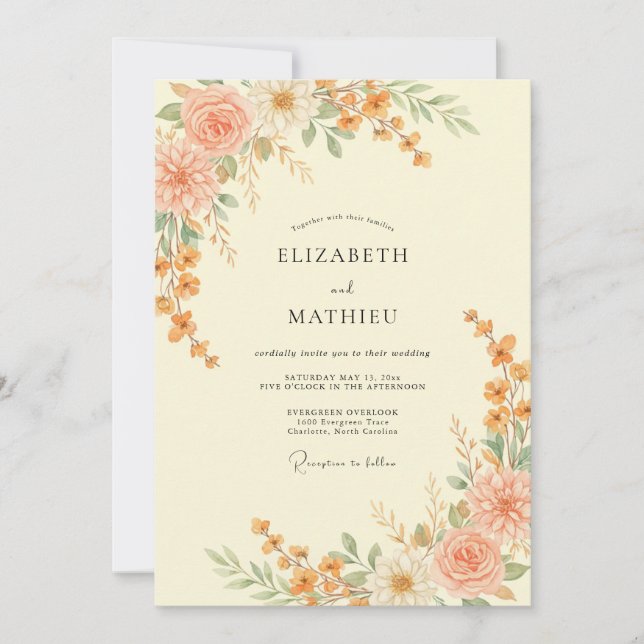 Convite Casamento Outonal Suave em Tons de Pêssego (Frente)