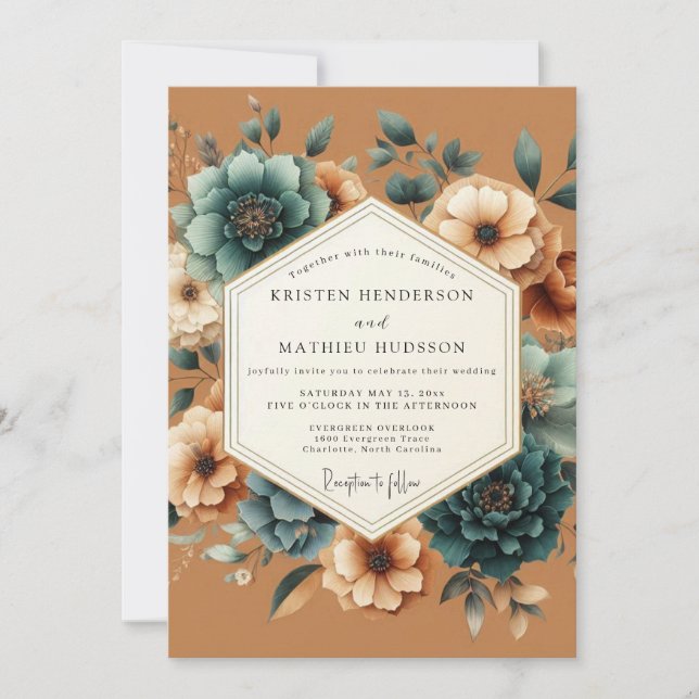 Convite Casamento Outonal Teal Russet (Frente)