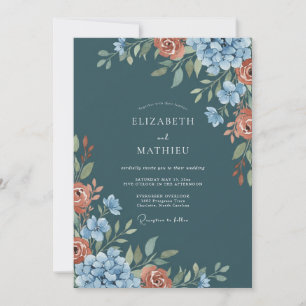 Convite Casamento Outonal Temperamental em Azul Teal Escur