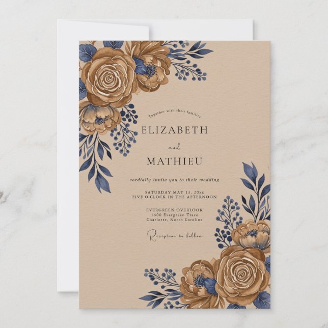 Convite Casamento Outonal Terroso Azul Marinho (Frente)