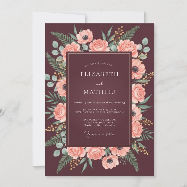 Convite Casamento Outonal Verde Burgundy (Frente)