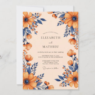 Convite Casamento Outonal Vibrante Azul Marinho e Laranja