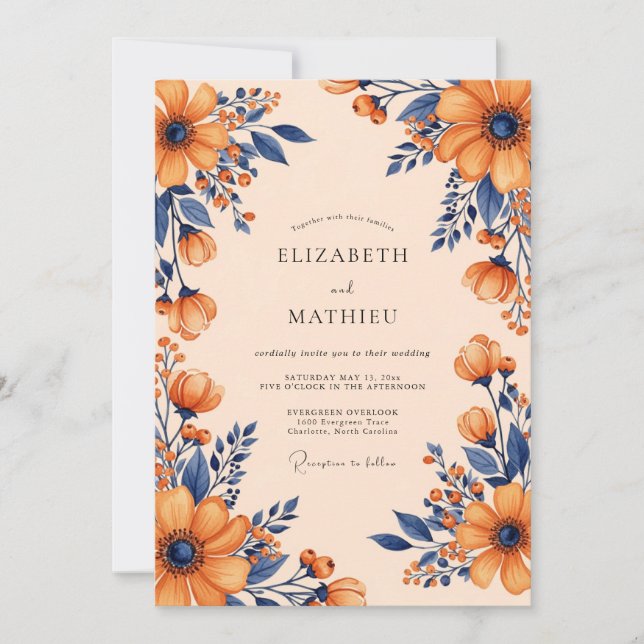Convite Casamento Outonal Vibrante Azul Marinho e Laranja  (Frente)