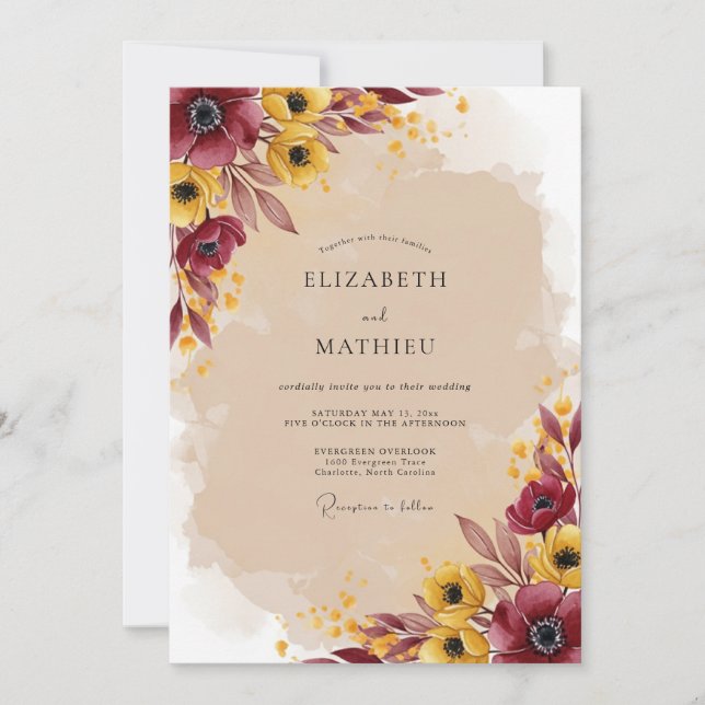 Convite Casamento Outonal Vibrante Borgonha (Frente)