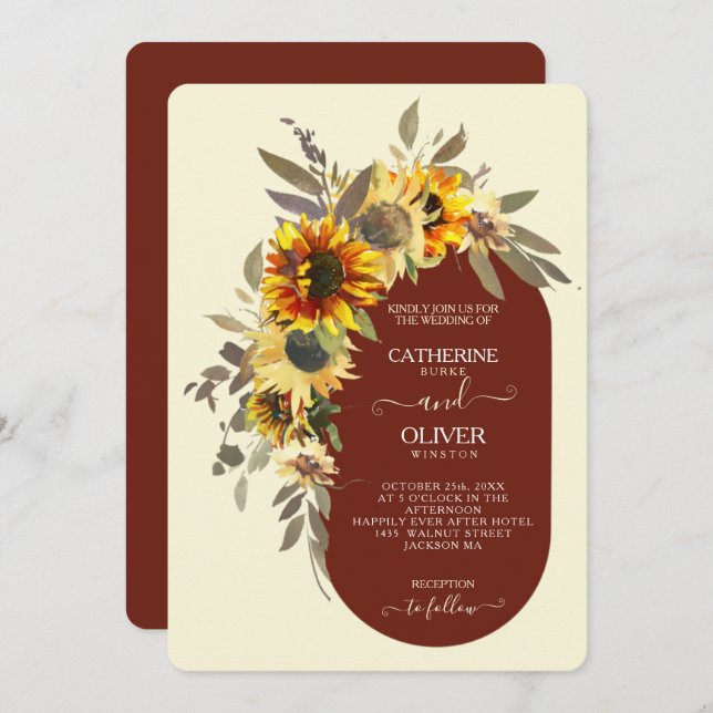 Convite Casamento outono Amarelo de girassol castanho-giri (Frente/Verso)