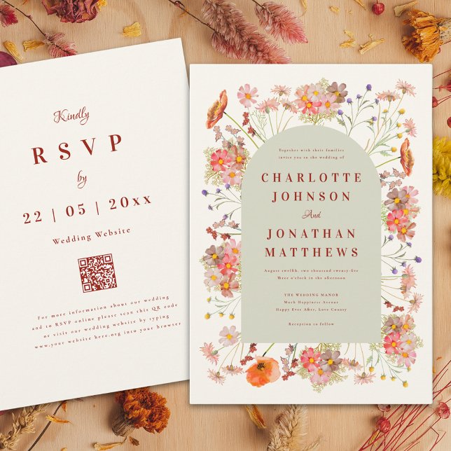 Convite Casamento outono Boho Floral Arch (Burnt orange wildflower sage green wedding invitation )
