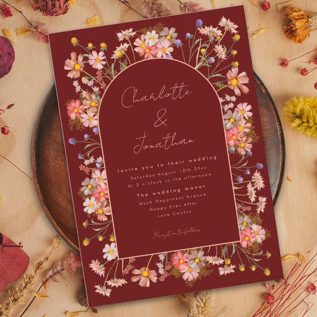 Convite Casamento outono Boho Floral Arch Terracotta (Wildflower arch boho script burgundy terracotta fall wedding invitation)