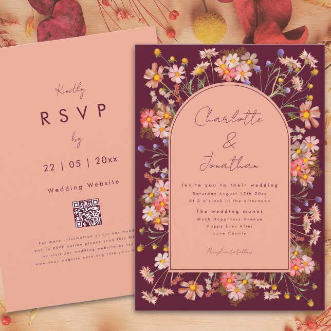 Convite Casamento outono Burgundy do Arch de Flor Selvagem (Wildflower arch boho burgundy peach terracotta fall wedding invitation with qr code)