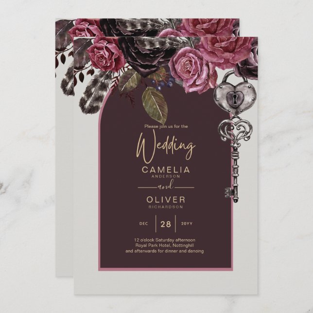 Convite CASAMENTO OUTONO Burgundy ROSA BOTHIC (Frente/Verso)