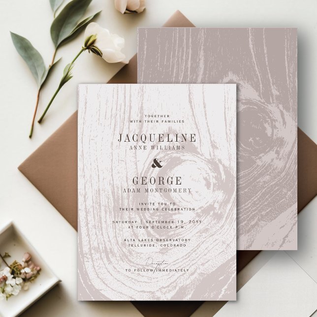 Convite Casamento outono Clássico de Woodgrão Russo Modern (Classic Modern Rustic Tan/Taupe Woodgrain Chic Fall Wedding Invitation @ fatfatin_blue_knot)