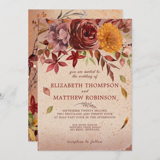 Convite Casamento outono de Blush Rustic Bloom Burgundy (Frente/Verso)