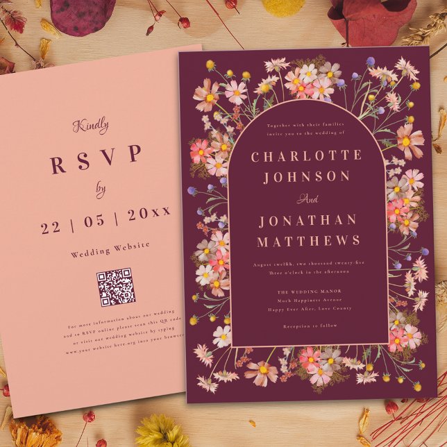 Convite Casamento outono de Borgonha de Flor Selvagem Eleg (Elegant boho wildflower arch burgundy terracotta burnt orange peach fall wedding invitation )