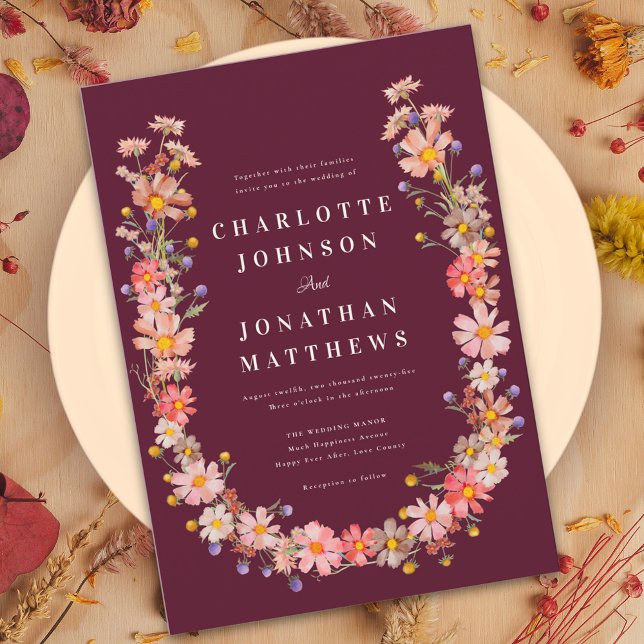 Convite Casamento outono de Borgonha Romântica de Flores S (wildflower romantic burgundy fall wedding invitation burnt Orange terracotta dried flower wreath)