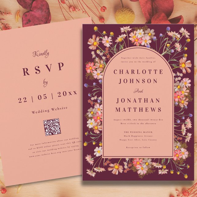 Convite Casamento outono de Burgundy de Arch de Flor Selva (Wildflower arch elegant burgundy fall wedding invitation peach burnt orange terracotta purple yellow)