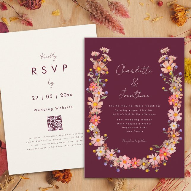 Convite Casamento outono de Burgundy do Wildflower Boho Wr (Wildflower boho wreath romantic burgundy fall wedding invitation )