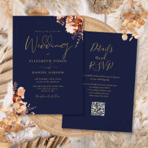 Casamento outono de Código QR Azul e Dourado