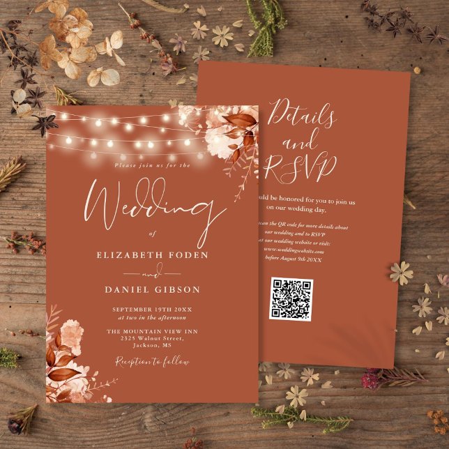 Convite Casamento outono de Código QR das Luzes Florais Ru (Rustic Floral String Lights QR Code Fall Wedding Invitation)