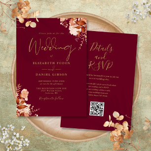 Convite Casamento outono De Código QR Dourado E Burgundy