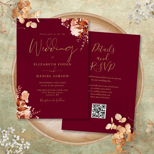 Convite Casamento outono De Código QR Dourado E Burgundy (Burgundy And Gold QR Code Fall Wedding Invitation)