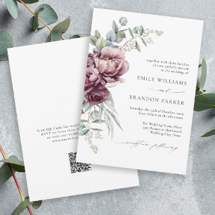 Convite Casamento outono de Código QR Floral Russo Burgund