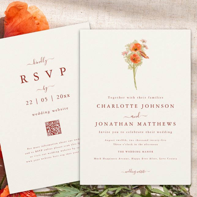 Convite Casamento outono de flor selvagem de Boho simples (Minimalist wildflower fall wedding invitation with wedding website qr code)