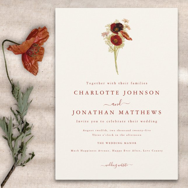 Convite Casamento outono de flor selvagem de Boho simples (Minimalist boho wildflower fall wedding invitation in earthy tones )