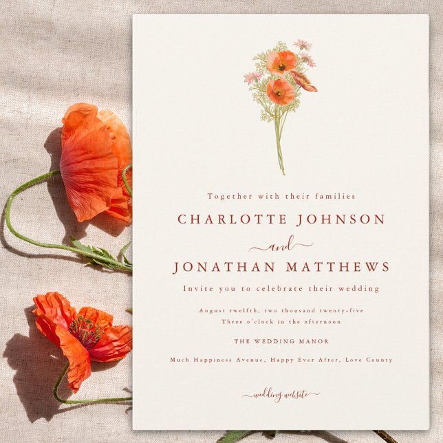 Convite Casamento outono de flor selvagem minimalista (Minimalist wildflower fall wedding invitation with burnt orange script and watercolor orange florals)