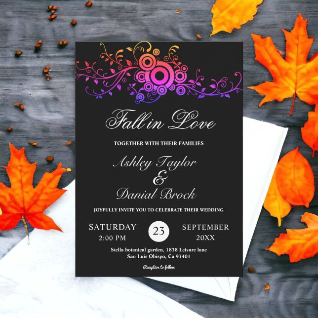 Convite Casamento outono De Folhagem De Neão Branco E Pret (Criador carregado)