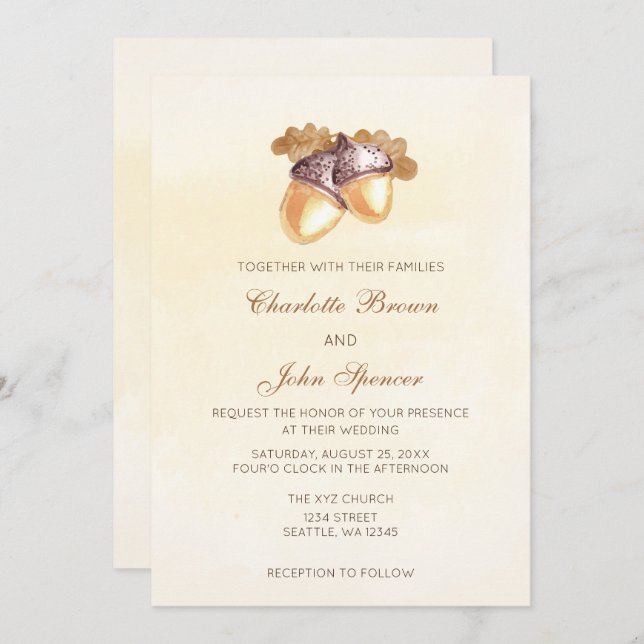 Convite casamento outono de folhas de carvalho de aquarela (Frente/Verso)