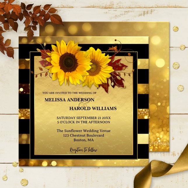Convite Casamento outono de girassol com risca negra Doura (Wedding invitation featuring two sunflowers on a black and gold glitter sparkling design)