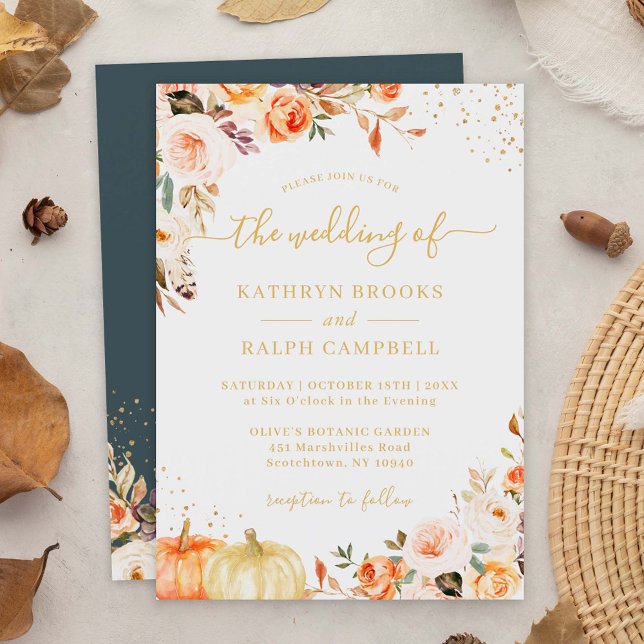 Convite Casamento outono de Lâmpadas Douradas Florais do o (Criador carregado)