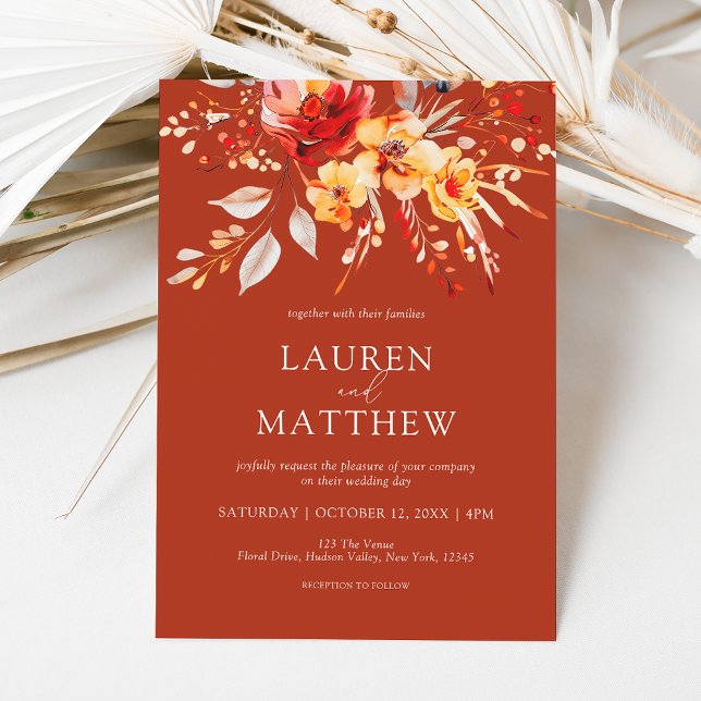 Convite Casamento outono de Laranja de Flor Selvagem Flora (Elegant rustic terracotta floral fall wedding invitation)