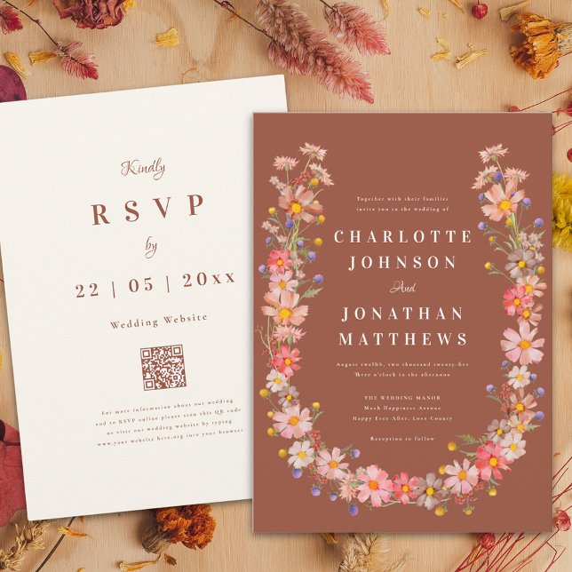 Convite Casamento outono de Laranja Queimado (Elegant wildflower wreath burnt orange terracotta fall wedding invitation )
