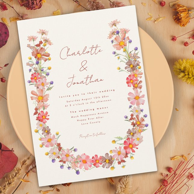 Convite Casamento outono de laranja queimado de flor selva (Boho wildflower wreath fall wedding invitation with burnt orange dried flowers)