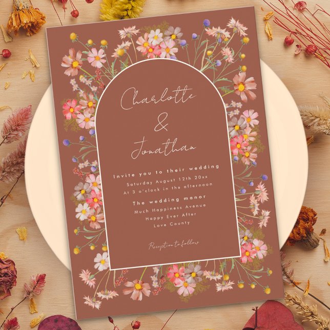 Convite Casamento outono de laranja queimado do Arco de Fl (Boho chic wildflower arch fall wedding invitation burnt Orange terracotta )