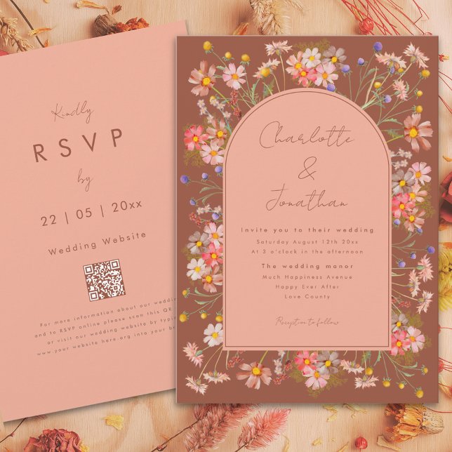 Convite Casamento outono de laranja queimado do arco de fl (Wildflower boho arch terracotta burnt orange peach fall wedding invitation with RSVP website QR code)