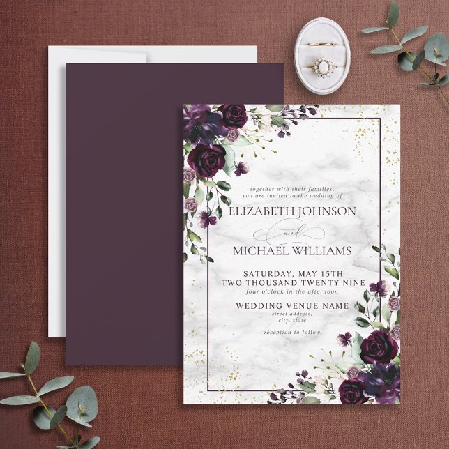 Convite Casamento outono De Mármore Dourado Com Plum Roxo  (Criador carregado)