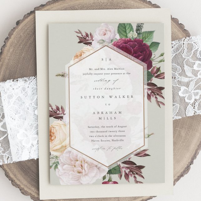 Convite Casamento outono de Monograma Floral (Vintage floral bouquet ivory wedding invitations.)