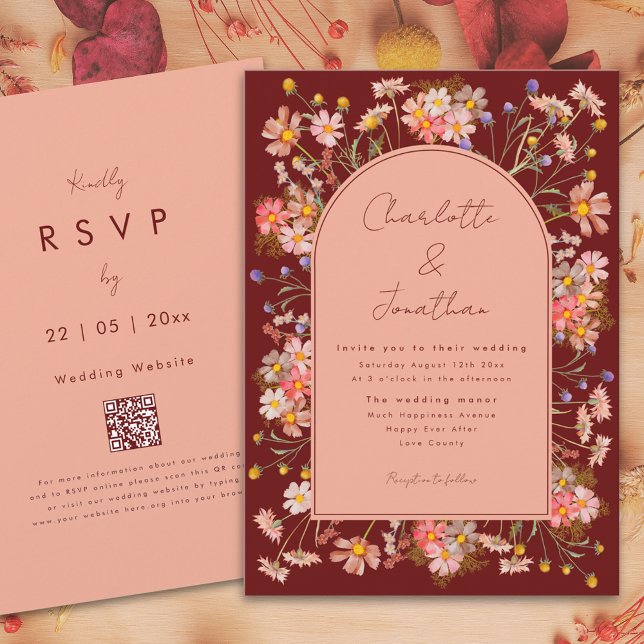 Convite Casamento outono de Pêssego do Arch Terracotta Boh (Wildflower boho arch terracotta burnt orange fall wedding invitation with whimsical script )